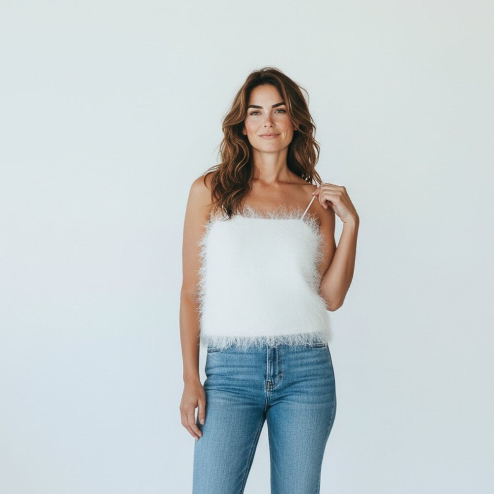 H&M White Fuzzy/Shaggy/Furry Tank Top, Spaghetti Straps, Size XS